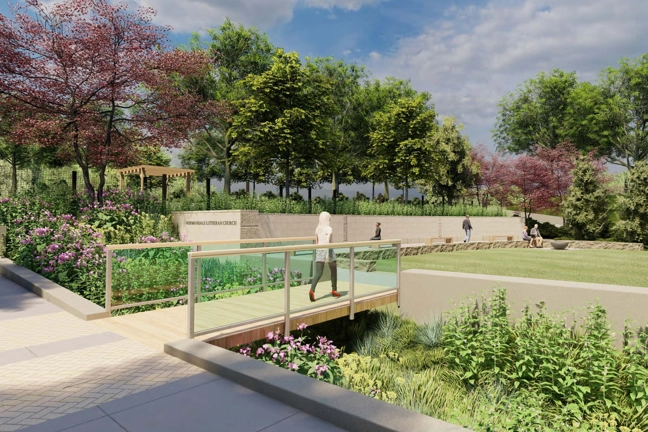 rendering of outdoor area with walking bridge over flowers and vegetation leading to grass area